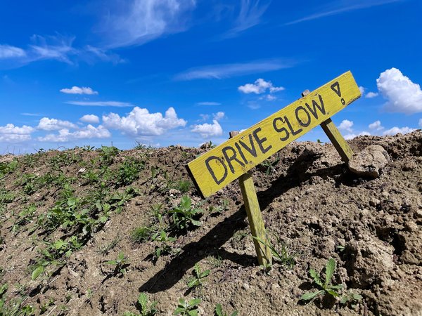 Lützerath (DE), Schild „Drive Slow“ -- 2021 -- 6369